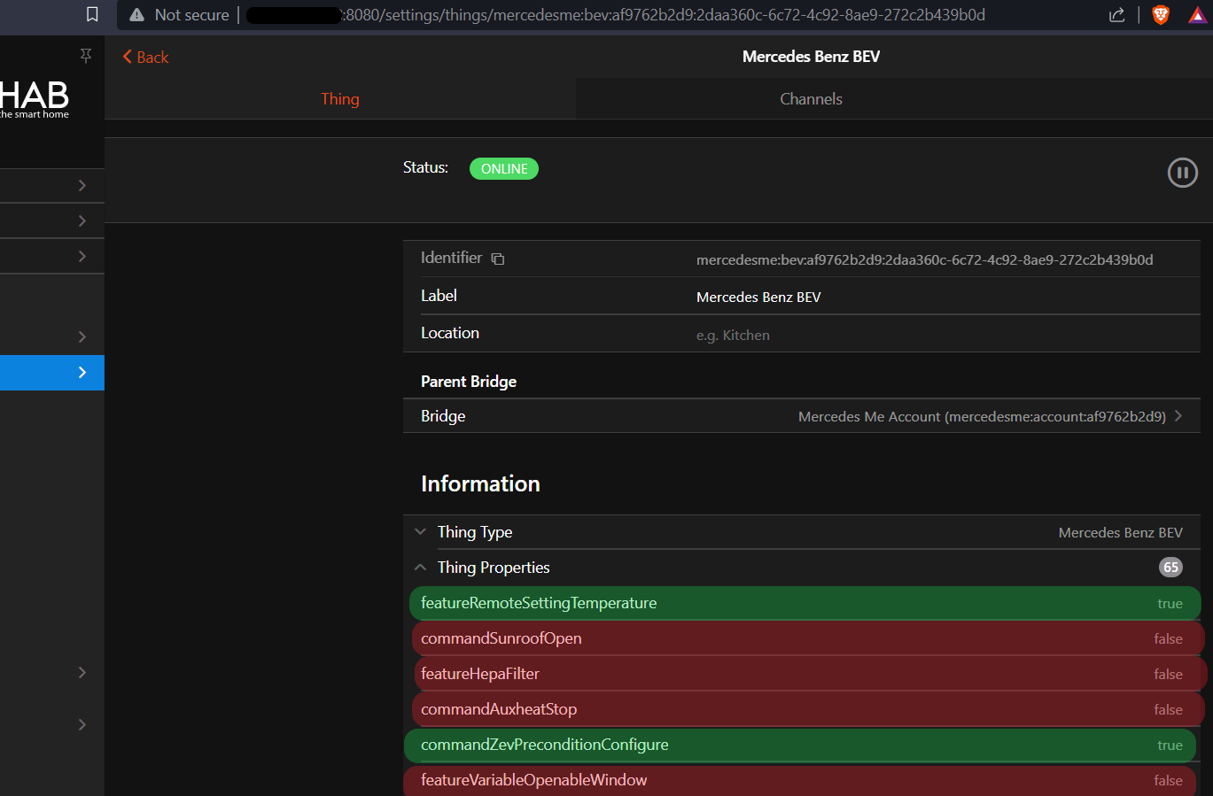 Screenshot showing vehicle capabilities in openHAB